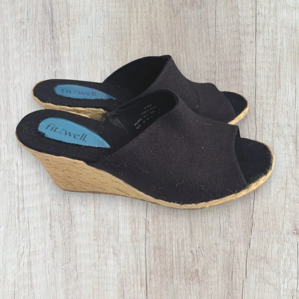 NEW FITZWELL Black Slip On Slide Espadrille Wedge Peep Toe Sandals Jute 8 WW